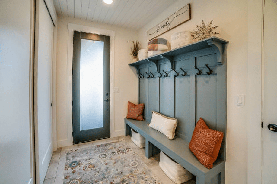 Custom mudroom with built-in cubbies and bench seating