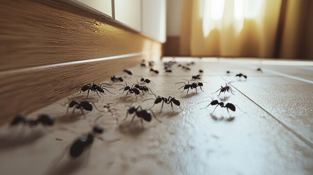Close-up of ants entering through baseboard inside home